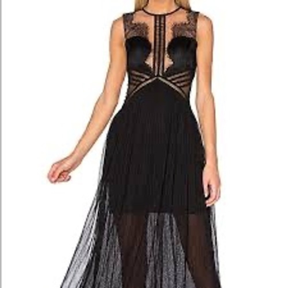 Three Floor NWT Black Lace Mesh Pleated Maxi Dress Gown Womens US 6 NEW